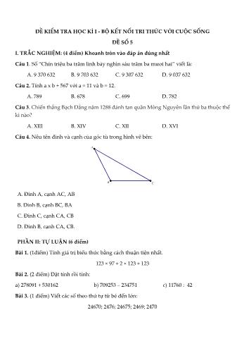 Đề kiểm tra học kì I môn Toán Lớp 4 Sách Kết nối tri thức với cuộc sống - Đề số 5 (Có đáp án)