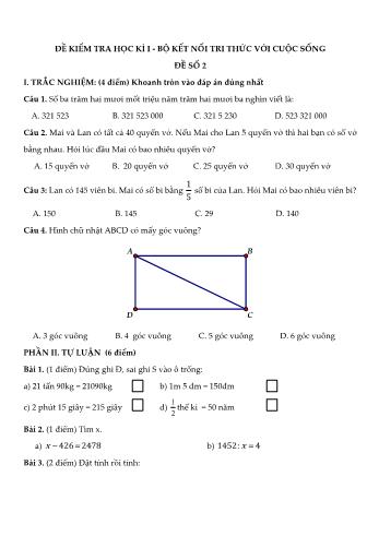 Đề kiểm tra học kì I môn Toán Lớp 4 Sách Kết nối tri thức với cuộc sống - Đề số 2 (Có đáp án)