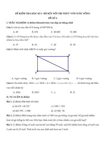 Đề kiểm tra học kì I môn Toán Lớp 4 Sách Kết nối tri thức với cuộc sống - Đề số 4 (Có đáp án)