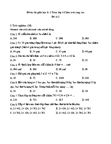 Đề ôn thi giữa học kì 1 môn Toán Lớp 4 Sách Chân trời sáng tạo - Đề số 1 (Có đáp án)