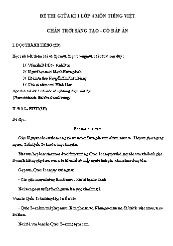 Đề thi giữa học kì 1 môn Tiếng Việt Lớp 4 Sách Chân trời sáng tạo - Đề 2 (Có đáp án)