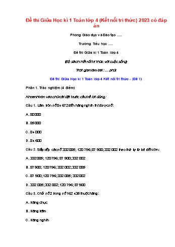 Đề thi giữa học kì 1 môn Toán Lớp 4 Sách Kết nối tri thức với cuộc sống - Năm học 2023-2024 (Có đáp án)