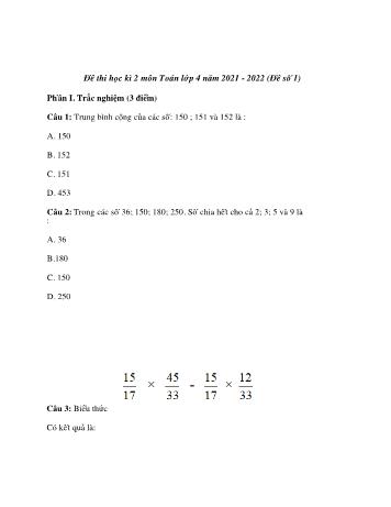 Đề thi học kì 2 môn Toán Lớp 4 - Năm học 2021-2022 (Có đáp án)