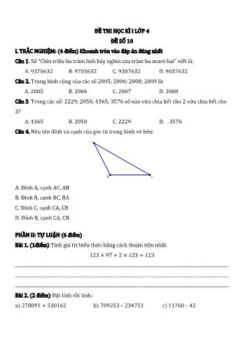 Đề thi học kì I môn Toán Lớp 4 - Năm học 2022-2023 - Đề số 10