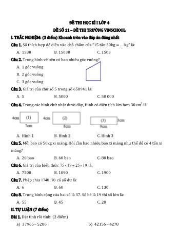 Đề thi học kì I môn Toán Lớp 4 - Năm học 2022-2023 - Đề số 11