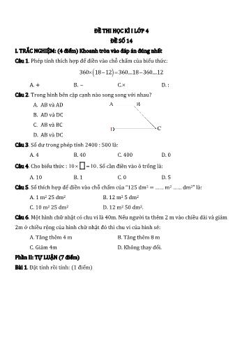 Đề thi học kì I môn Toán Lớp 4 - Năm học 2022-2023 - Đề số 14