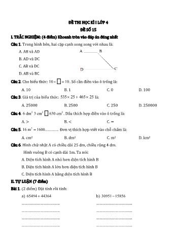 Đề thi học kì I môn Toán Lớp 4 - Năm học 2022-2023 - Đề số 15