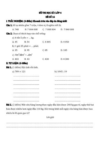 Đề thi học kì I môn Toán Lớp 4 - Năm học 2022-2023 - Đề số 16