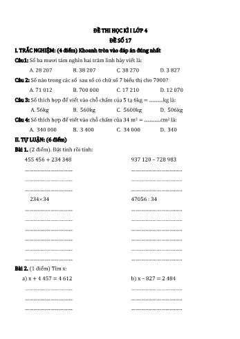 Đề thi học kì I môn Toán Lớp 4 - Năm học 2022-2023 - Đề số 17