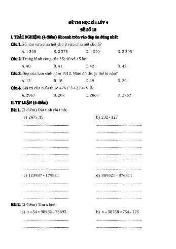 Đề thi học kì I môn Toán Lớp 4 - Năm học 2022-2023 - Đề số 18
