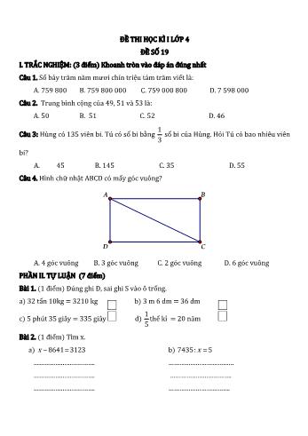 Đề thi học kì I môn Toán Lớp 4 - Năm học 2022-2023 - Đề số 19