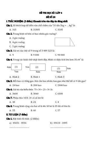 Đề thi học kì I môn Toán Lớp 4 - Năm học 2022-2023 - Đề số 20