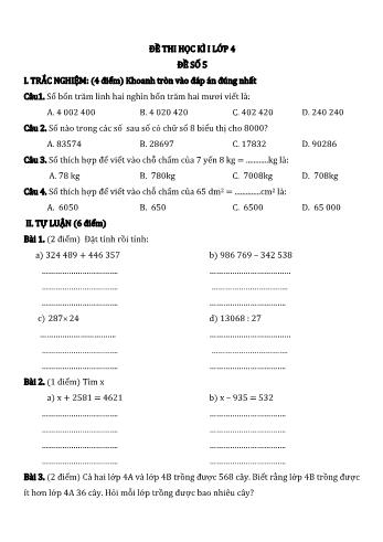 Đề thi học kì I môn Toán Lớp 4 - Năm học 2022-2023 - Đề số 5