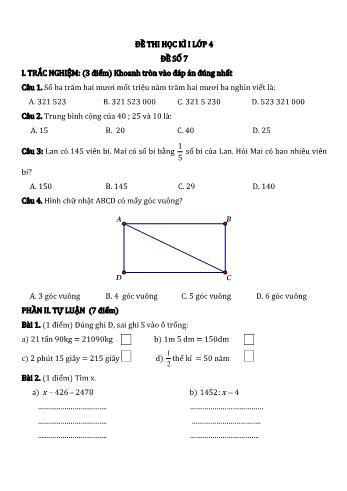 Đề thi học kì I môn Toán Lớp 4 - Năm học 2022-2023 - Đề số 7