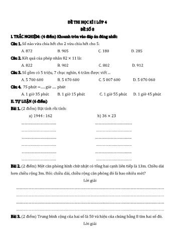 Đề thi học kì I môn Toán Lớp 4 - Năm học 2022-2023 - Đề số 8