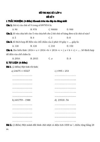 Đề thi học kì I môn Toán Lớp 4 - Năm học 2022-2023 - Đề số 9