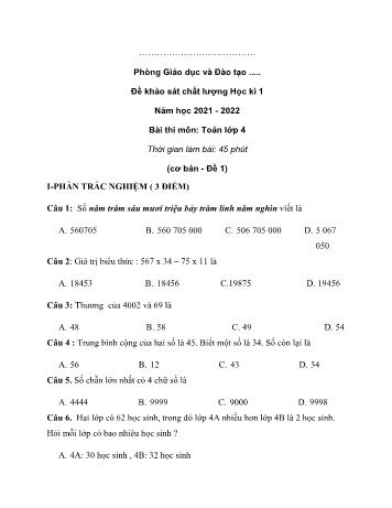 Tuyển tập 10 đề khảo sát chất lượng học kì 1 môn Toán Lớp 4 - Năm học 2021-2022 (Có đáp án)