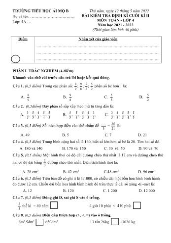 Bài kiểm tra định kì cuối kì II môn Toán Lớp 4 - Năm học 2021-2022 - Trường Tiểu học Ái Mộ B (Có đáp án)