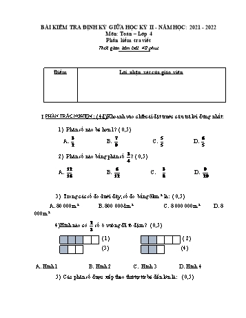 Bài kiểm tra định kì giữa học kỳ II môn Toán Lớp 4 - Năm học 2021-2022 (Có đáp án)