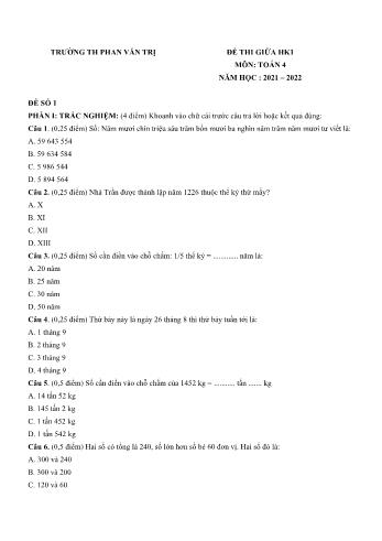 Bộ 2 đề thi giữa học kì 1 môn Toán Lớp 4 - Năm học 2021-2022 - Trường Tiểu học Phan Văn Trị (Có đáp án)