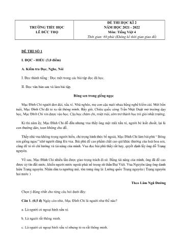 Bộ 3 đề thi học kì 2 môn Tiếng Việt Lớp 4 - Năm học 2021-2022 - Trường Tiểu học Lê Đức Thọ (Có đáp án)