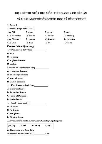 Bộ 5 đề thi giữa học kì 1 môn Tiếng Anh Lớp 4 - Năm học 2021-2022 - Trường Tiểu học Lê Đình Chinh (Có đáp án)