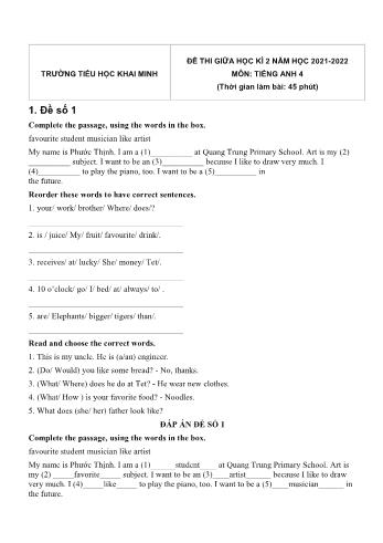 Bộ 5 đề thi giữa học kì 2 môn Tiếng Anh Lớp 4 - Năm học 2021-2022 - Trường Tiểu học Khai Minh (Có đáp án)