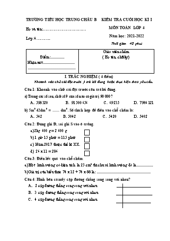 Đề kiểm tra cuối học kì I môn Toán Lớp 4 - Năm học 2021-2022 - Trường Tiểu học Trung Châu B (Có đáp án)
