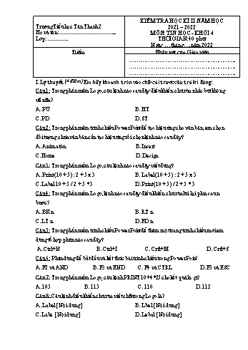 Đề kiểm tra học kì II môn Tin học Lớp 4 - Năm học 2021-2022 - Trường Tiểu học Tân Thanh 2