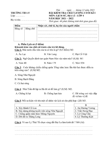 Bài kiểm tra chất lượng cuối kì I môn Lịch sử & Địa lí Lớp 4 - Năm học 2021-2022 - Trường Tiểu học 1-5 (Có đáp án)