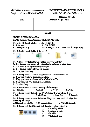 Bài kiểm tra cuối học kì 1 môn Tin học Lớp 4 - Năm học 2022-2023 - Trường Tiểu học Chu Minh