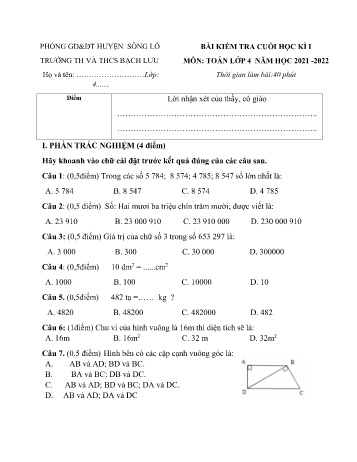 Bài kiểm tra cuối học kì I môn Toán Lớp 4 - Năm học 2021-2022 - Trường TH và THCS Bạch Lưu (Có đáp án)