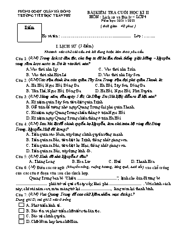 Bài kiểm tra cuối học kì II môn Lịch sử và Địa lý Lớp 4 - Năm học 2021-2022 - Trường Tiểu học Trần Phú (Có đáp án)