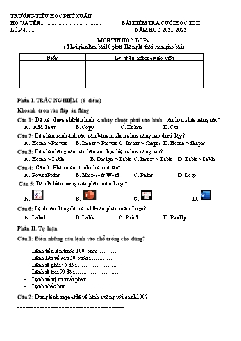 Bài kiểm tra cuối học kì II môn Tin học Lớp 4 - Năm học 2021-2022 - Trường Tiểu học Phú Xuân (Có đáp án)