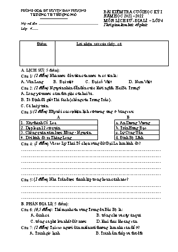 Bài kiểm tra cuối học kỳ I môn Lịch sử và Địa lí Lớp 4 - Năm học 2021-2022 - Trường Tiểu học Thượng Mỗ (Có đáp án)