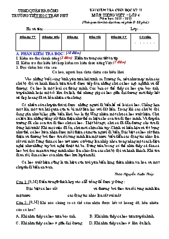 Bài kiểm tra cuối học kỳ II môn Tiếng Việt Lớp 4 - Năm học 2021-2022 - Trường Tiểu học Trần Phú - Đề 1 (Có đáp án)