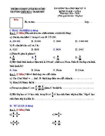 Bài kiểm tra cuối học kỳ II môn Toán Lớp 4 - Năm học 2021-2022 - Trường Tiểu học Trần Phú (Có đáp án)