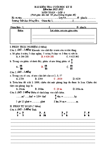 Bài kiểm tra cuối học kỳ II môn Toán Lớp 4 - Năm học 2021-2022 - Trường Tiểu học Đồng Hòa (Có đáp án)