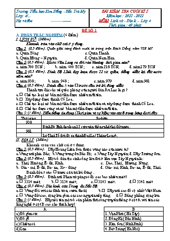 Bài kiểm tra cuối kì I môn Lịch sử & Địa lí Lớp 4 - Năm học 2021-2022 - Trường Tiểu học Kim Đồng–Bắc Trà My (Có đáp án)