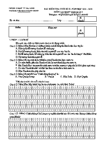 Bài kiểm tra cuối kì II môn Lịch sử và Địa lí Lớp 4 - Năm học 2021-2022 - Trường Tiểu học Quang Trung - Đề 1 (Có đáp án)