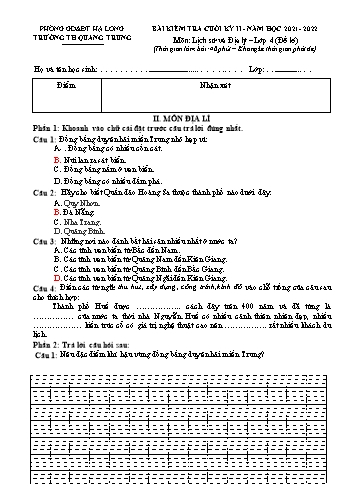 Bài kiểm tra cuối kì II môn Lịch sử và Địa lí Lớp 4 - Năm học 2021-2022 - Trường Tiểu học Quang Trung - Đề 5 (Có đáp án)