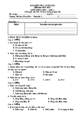 Bài kiểm tra cuối năm môn Khoa học Lớp 4 - Năm học 2021-2022 - Trường Tiểu học Đồng Hòa (Có đáp án)