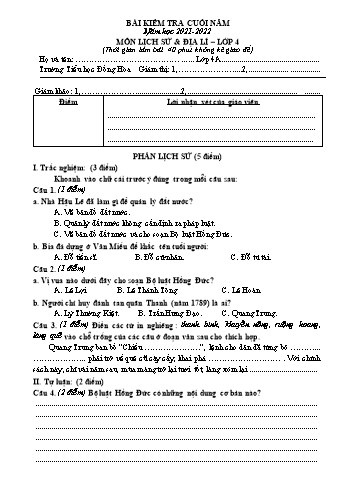 Bài kiểm tra cuối năm môn Lịch sử & Địa lí Lớp 4 - Năm học 2021-2022 - Trường Tiểu học Đồng Hòa (Có đáp án)