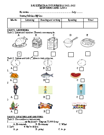 Bài kiểm tra cuối năm môn Tiếng Anh Lớp 4 - Năm học 2021-2022