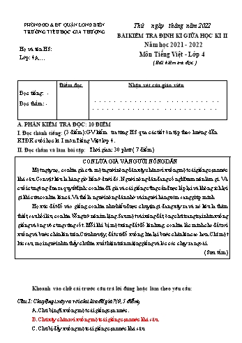 Bài kiểm tra định kì giữa học kì II môn Tiếng Việt Lớp 4 - Năm học 2021-2022 - Trường Tiểu học Gia Thượng - Đề 3 (Có đáp án)