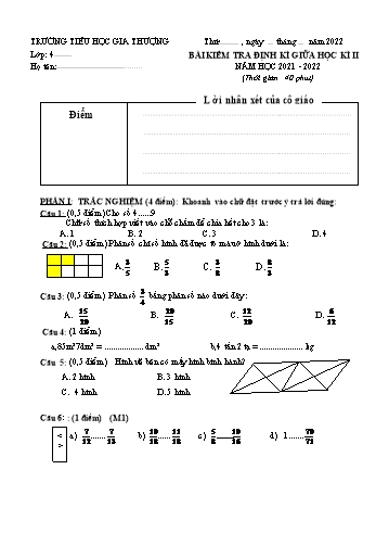 Bài kiểm tra định kì giữa học kì II môn Toán Lớp 4 - Năm học 2021-2022 - Trường Tiểu học Gia Thượng - Đề 1 (Có đáp án)
