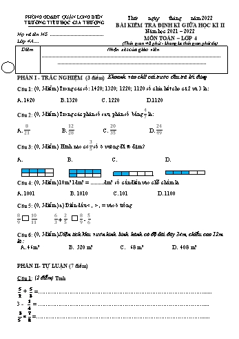 Bài kiểm tra định kì giữa học kì II môn Toán Lớp 4 - Năm học 2021-2022 - Trường Tiểu học Gia Thượng - Đề 4 (Có đáp án)