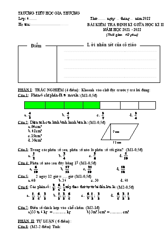 Bài kiểm tra định kì giữa học kì II môn Toán Lớp 4 - Năm học 2021-2022 - Trường Tiểu học Gia Thượng - Đề 5 (Có đáp án)
