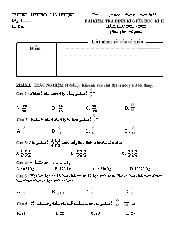 Bài kiểm tra định kì giữa học kì II môn Toán Lớp 4 - Năm học 2021-2022 - Trường Tiểu học Gia Thượng - Đề 2 (Có đáp án)