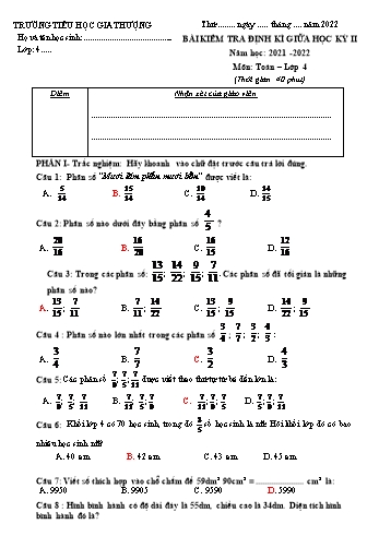 Bài kiểm tra định kì giữa học kì II môn Toán Lớp 4 - Năm học 2021-2022 - Trường Tiểu học Gia Thượng - Đề 3 (Có đáp án)